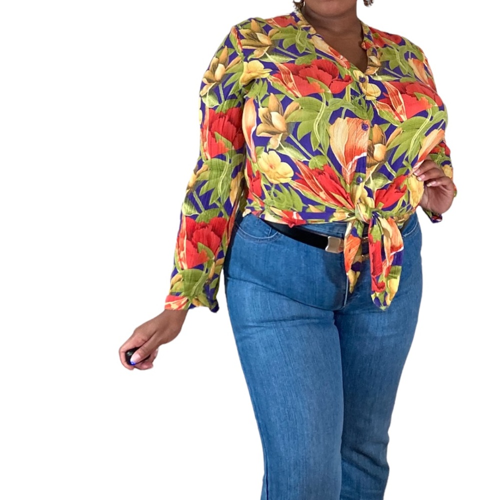 Bright Colored Floral Button Up Blouse